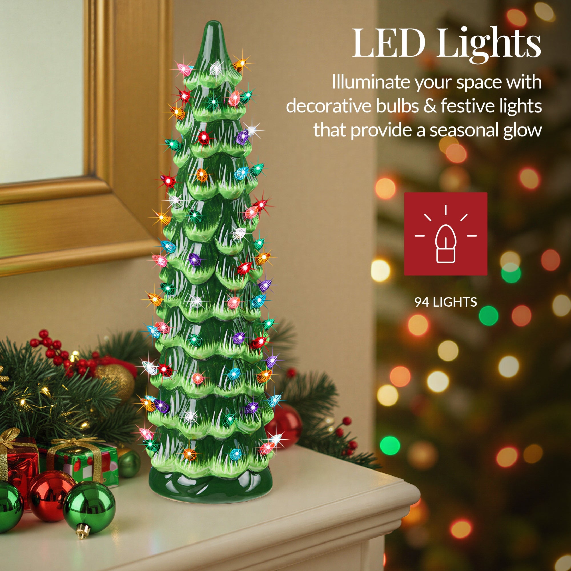 21in Ceramic Christmas Tree Hand-Painted Holiday Decor with LED Lights for festive seasonal decorating