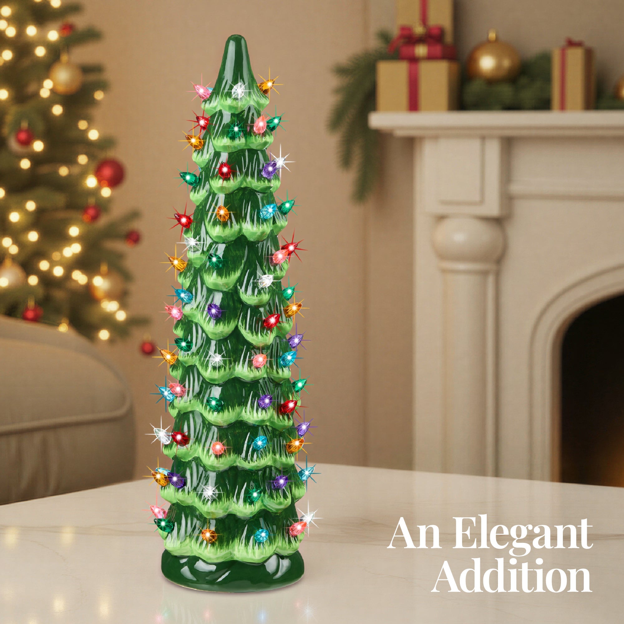 21in Ceramic Christmas Tree Hand-Painted Holiday Decor with LED Lights for festive seasonal decorating