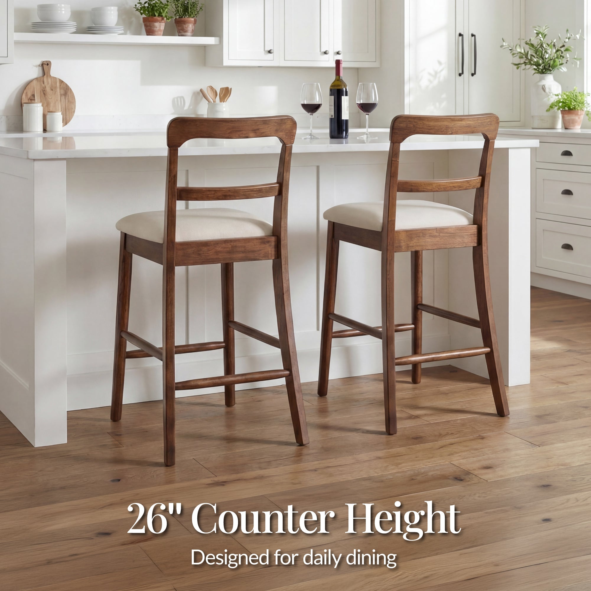 26\" Counter-Height Farmhouse Wood Stoolsw/ Cushion and Backrest Set of 2 designed for comfortable, organized home spaces
