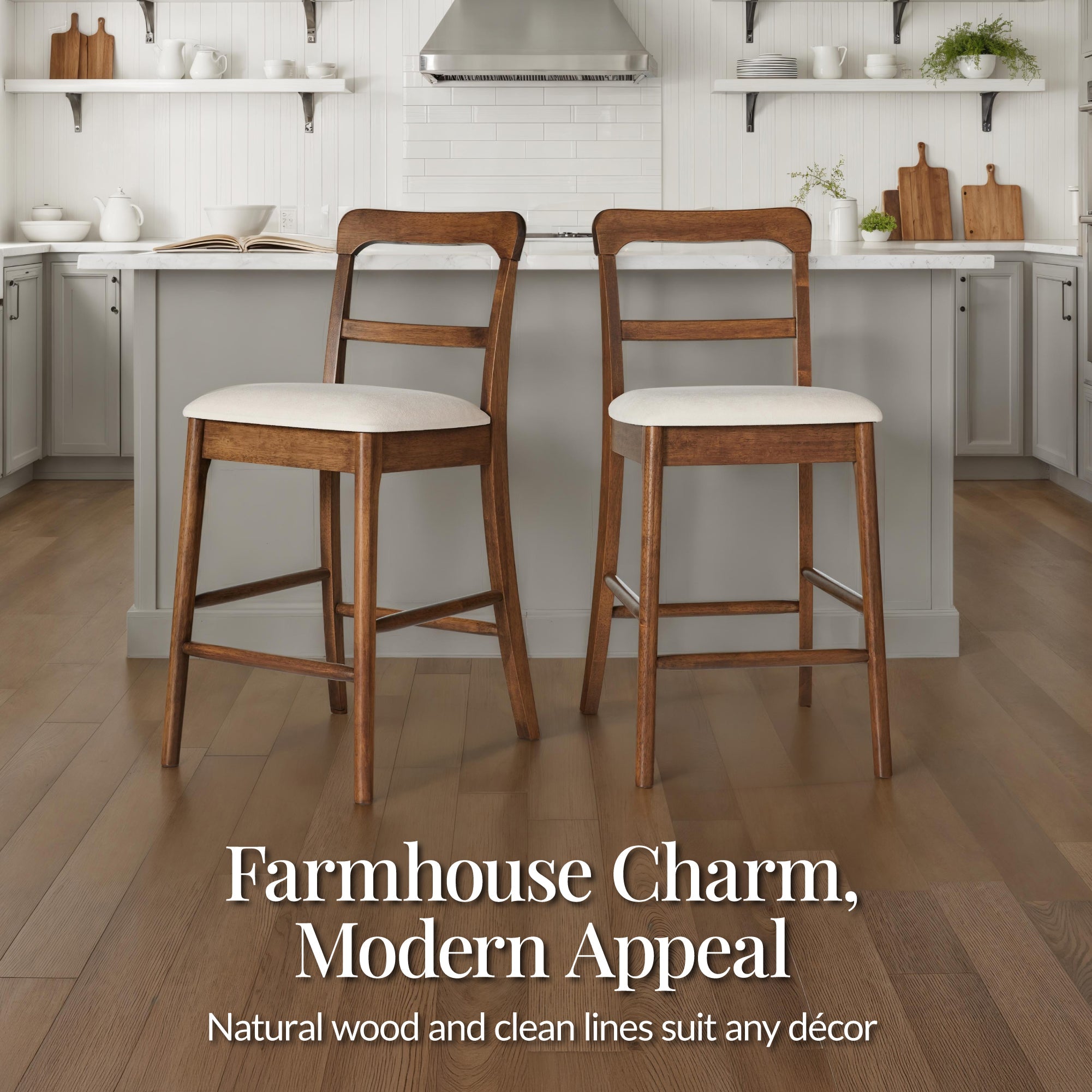 26\" Counter-Height Farmhouse Wood Stoolsw/ Cushion and Backrest Set of 2 designed for comfortable, organized home spaces