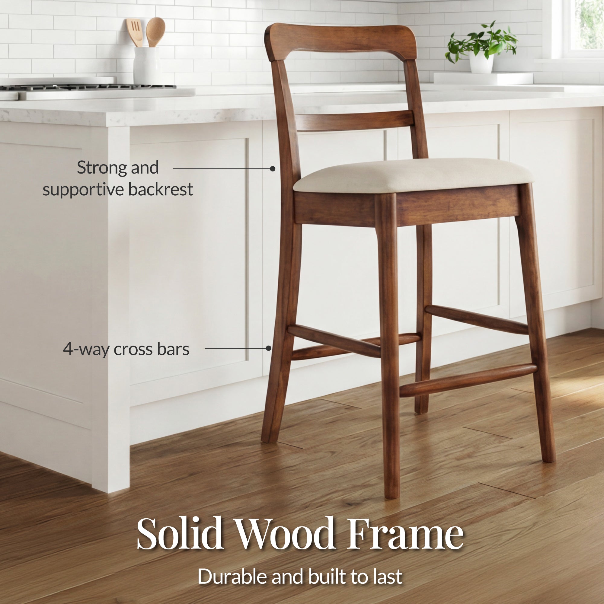 26\" Counter-Height Farmhouse Wood Stoolsw/ Cushion and Backrest Set of 2 designed for comfortable, organized home spaces