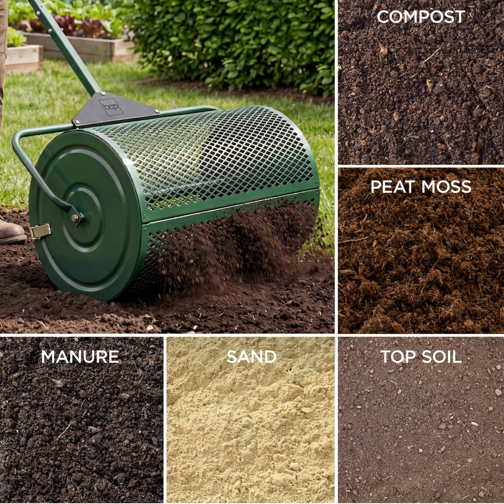 24\" Compost Spreader Steel Lawn and Peat Moss Topdresser for gardening, lawn care, and outdoor projects