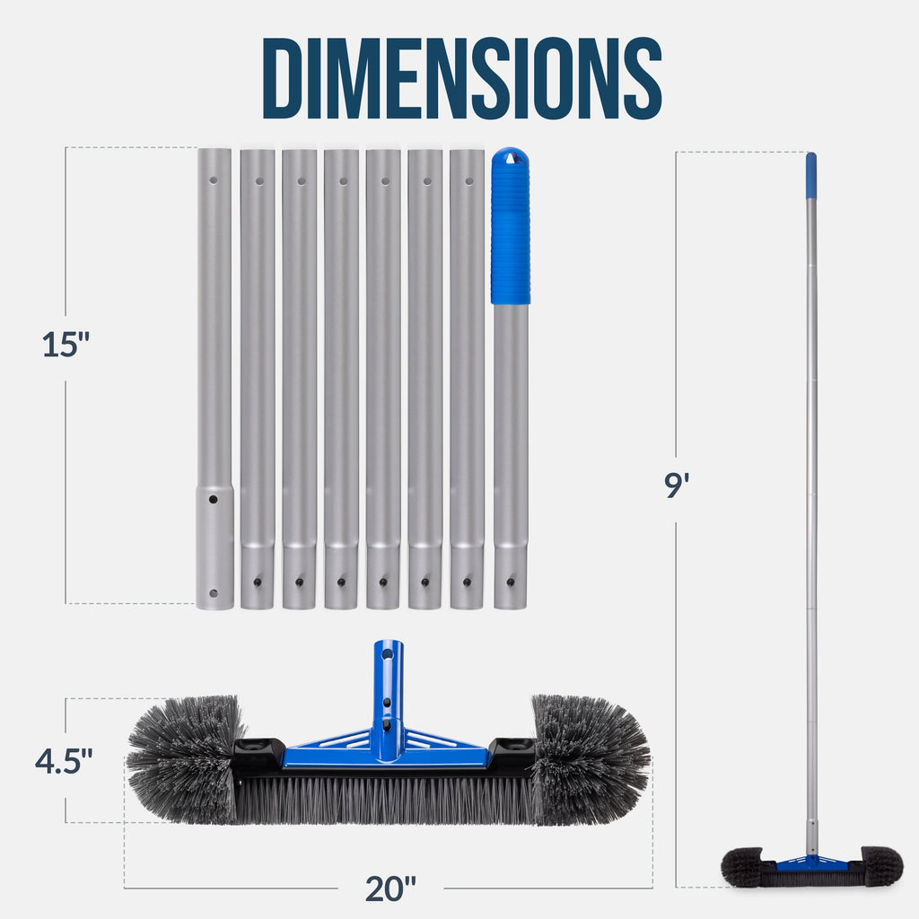 20\" Pool Brush with 9 ft Aluminum PolePool Wall and Floor Cleaning Set with practical everyday features