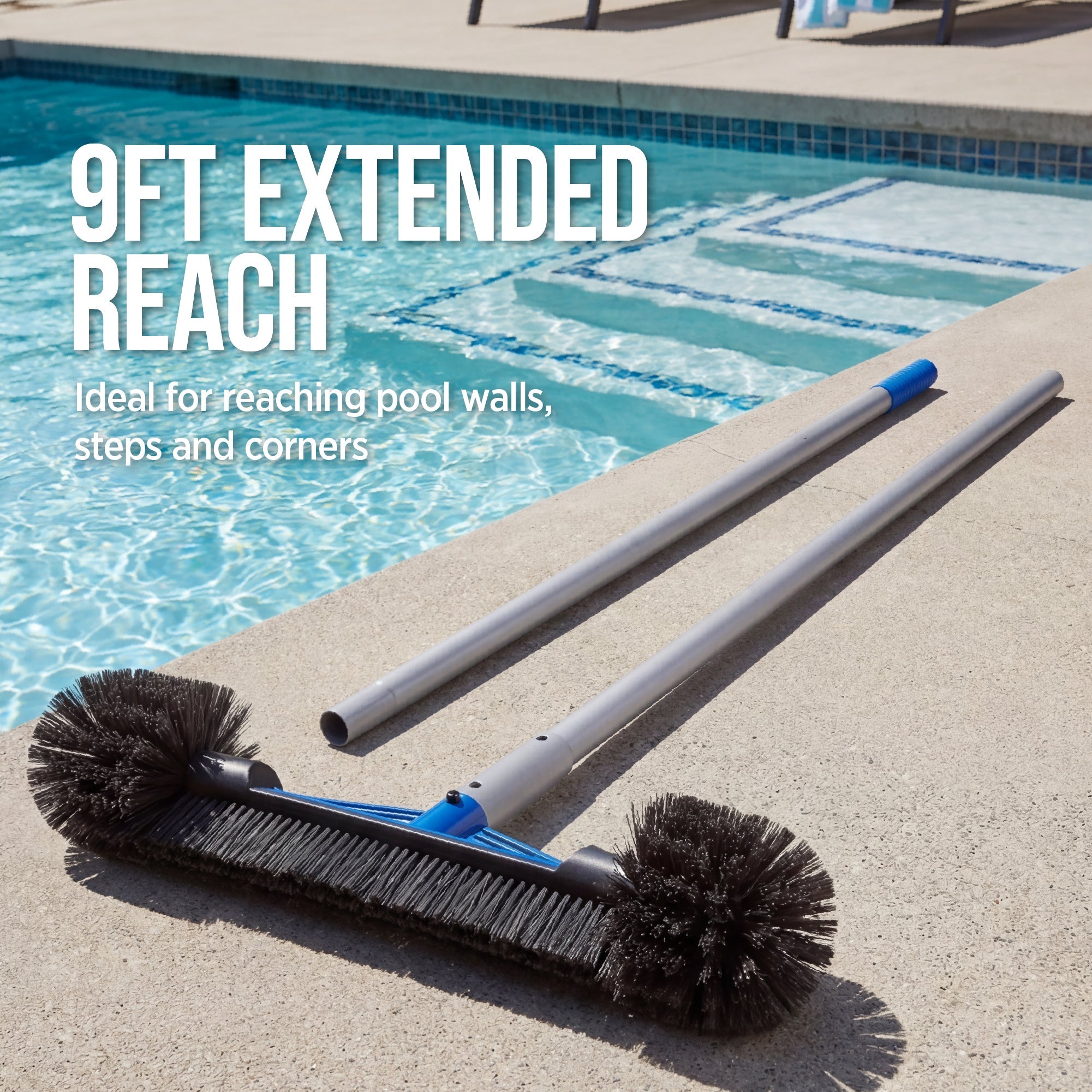 20\" Pool Brush with 9 ft Aluminum PolePool Wall and Floor Cleaning Set with practical everyday features
