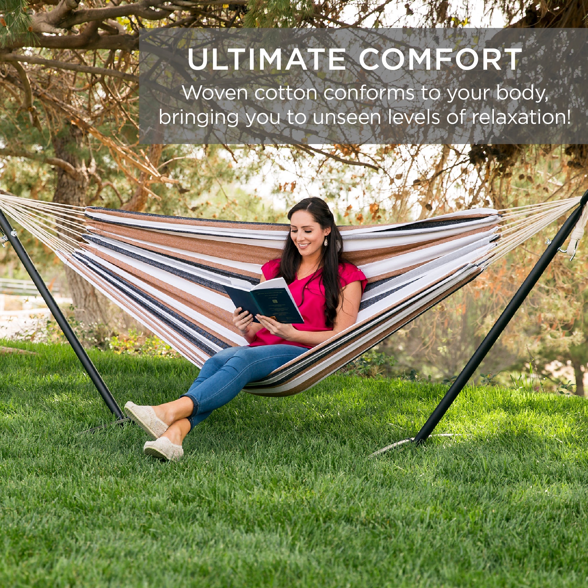 2-Person Brazilian-Style Double Hammock with Carrying Bag and Steel Stand with useful details for patio, backyard, and outdoor living