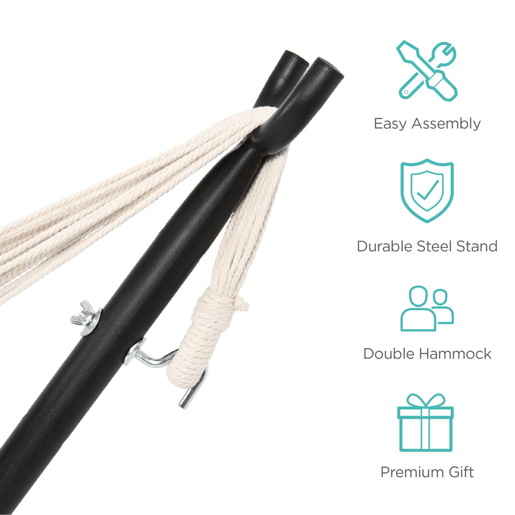 2-Person Brazilian-Style Double Hammock with Carrying Bag and Steel Stand with useful details for patio, backyard, and outdoor living