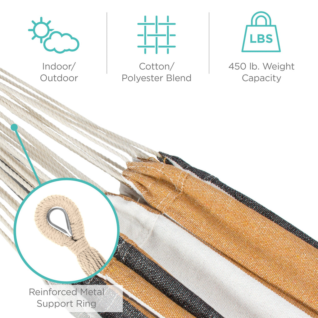 2-Person Brazilian-Style Double Hammock with Carrying Bag and Steel Stand with useful details for patio, backyard, and outdoor living