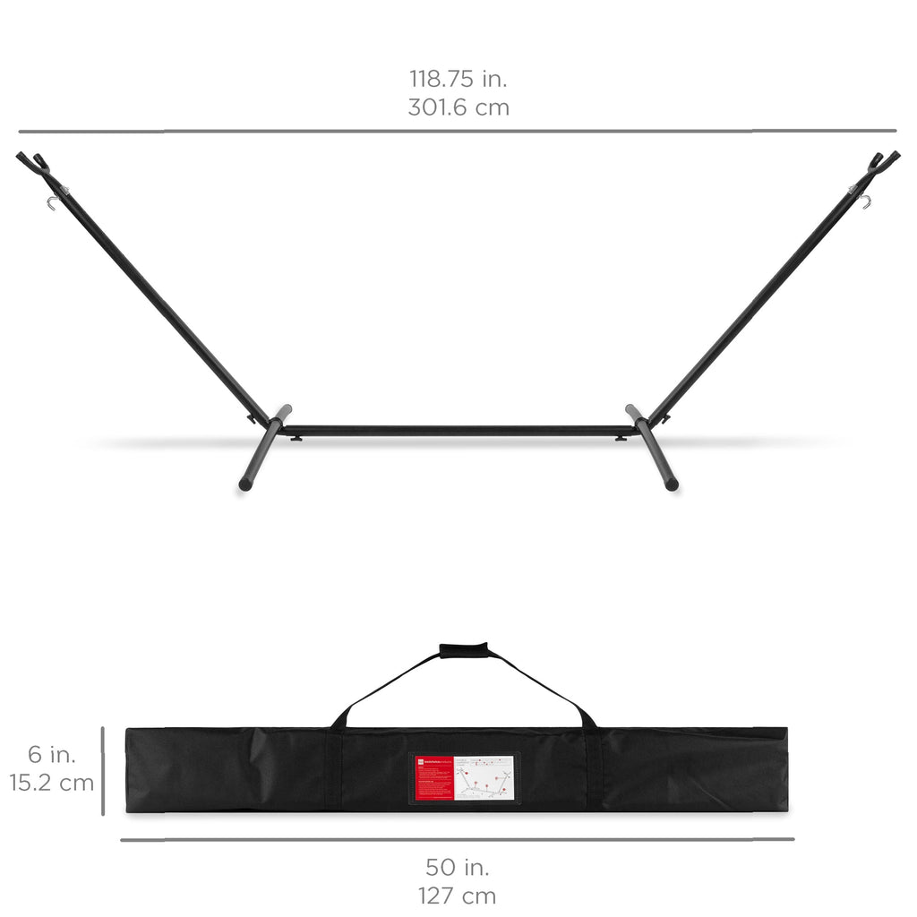 2-Person Brazilian-Style Double Hammock with Carrying Bag and Steel Stand with useful details for patio, backyard, and outdoor living