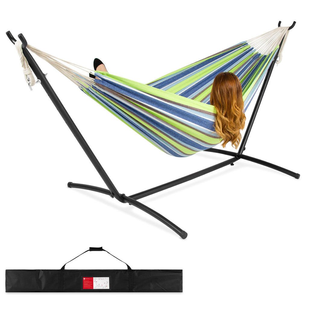 2-Person Brazilian-Style Double Hammock with Carrying Bag and Steel Stand with useful details for patio, backyard, and outdoor living
