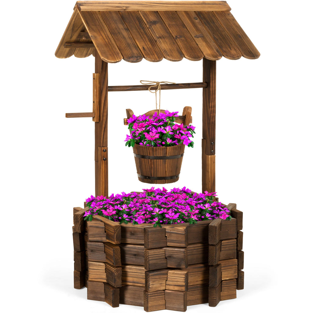 21.5\" Rustic Wooden Wishing Well Planter Yard Decoration with Hanging Bucket for simple setup and everyday use