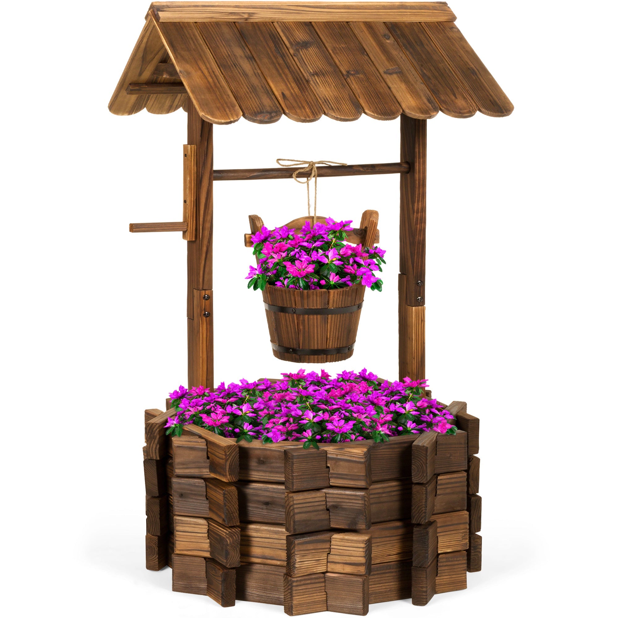 21.5\" Rustic Wooden Wishing Well Planter Yard Decoration with Hanging Bucket for simple setup and everyday use