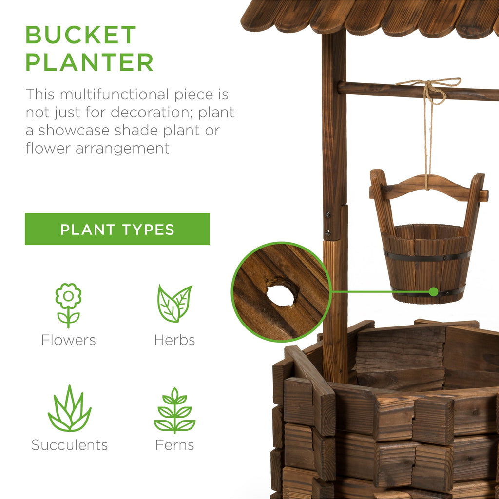 21.5\" Rustic Wooden Wishing Well Planter Yard Decoration with Hanging Bucket for simple setup and everyday use
