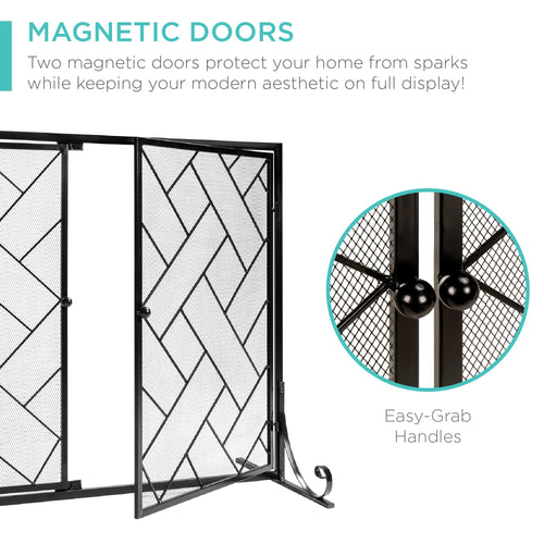 2-Panel Wrought Iron Geometric Fireplace Screen with Magnetic Doors - 44x33in for comfortable, organized home spaces
