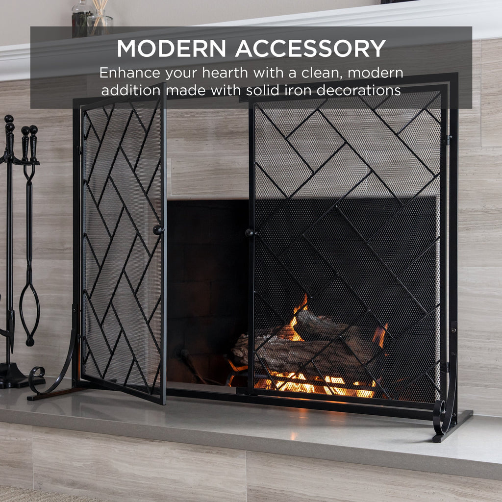 2-Panel Wrought Iron Geometric Fireplace Screen with Magnetic Doors - 44x33in for comfortable, organized home spaces