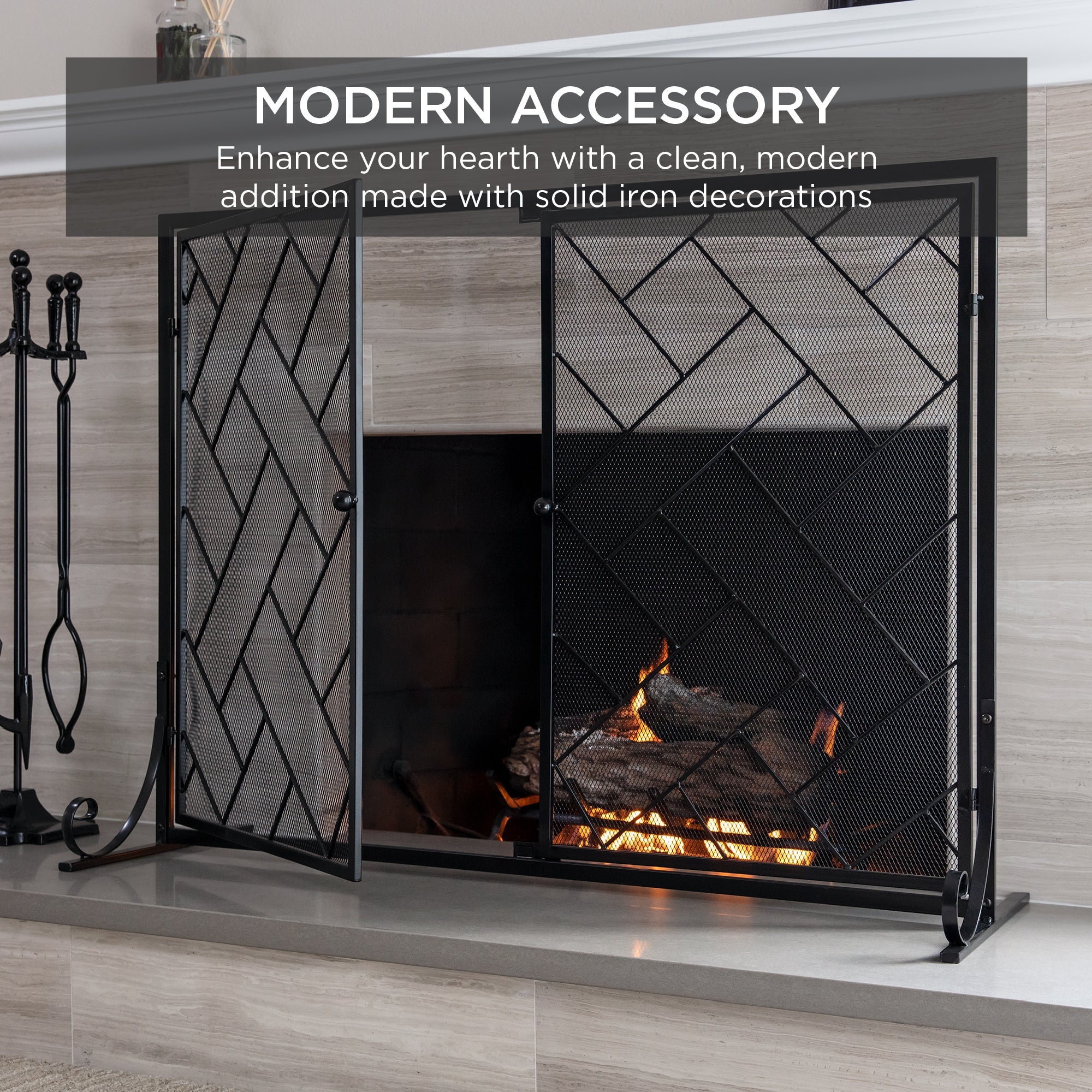 2-Panel Wrought Iron Geometric Fireplace Screen with Magnetic Doors - 44x33in for comfortable, organized home spaces