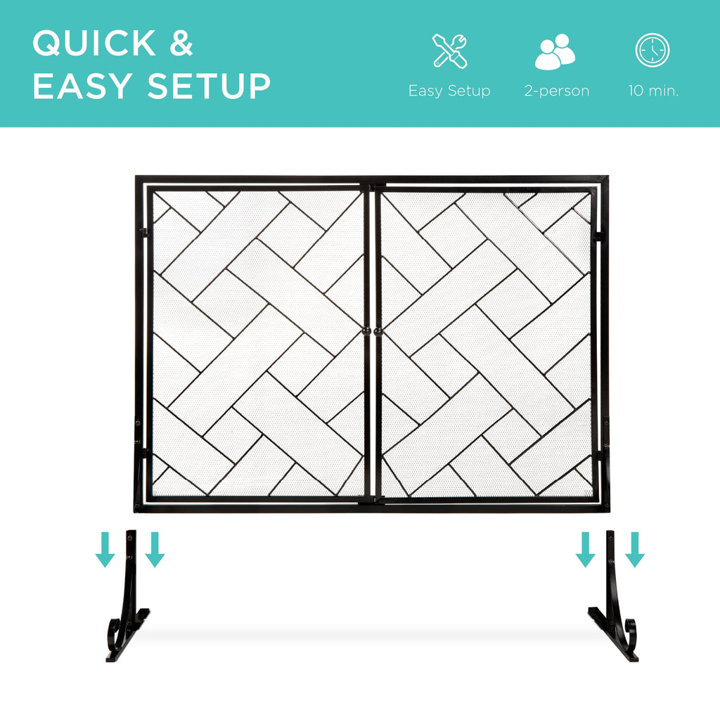 2-Panel Wrought Iron Geometric Fireplace Screen with Magnetic Doors - 44x33in for comfortable, organized home spaces