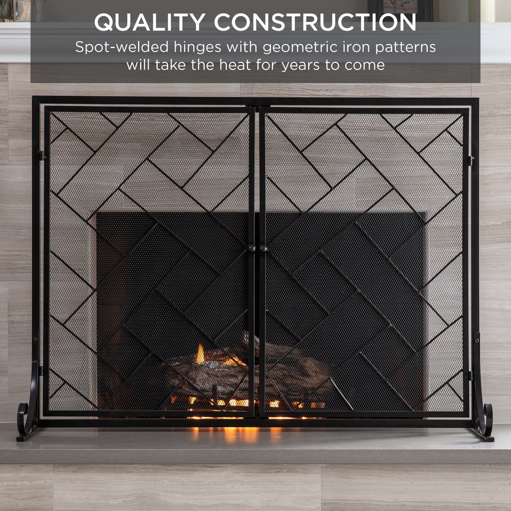 2-Panel Wrought Iron Geometric Fireplace Screen with Magnetic Doors - 44x33in for comfortable, organized home spaces