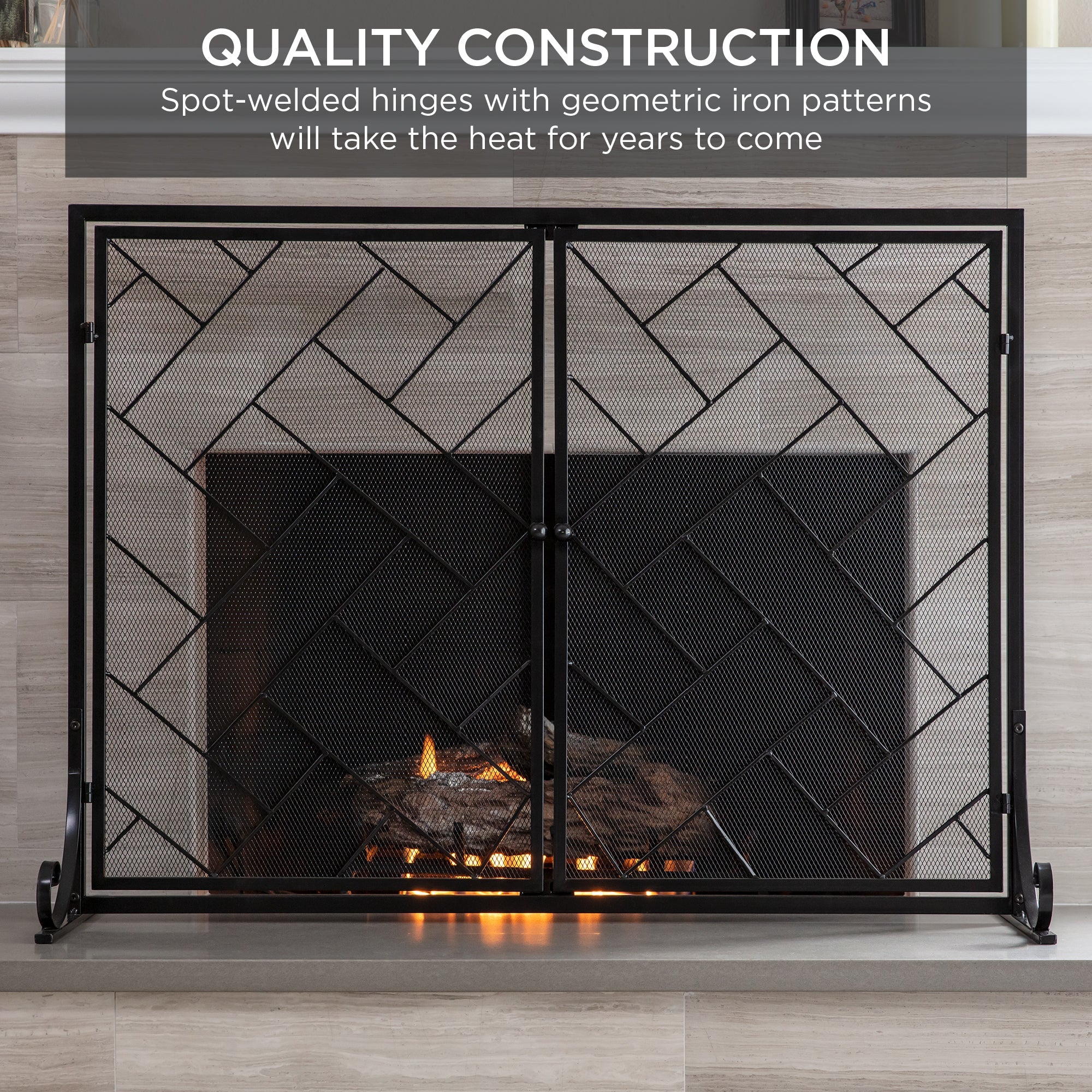 2-Panel Wrought Iron Geometric Fireplace Screen with Magnetic Doors - 44x33in for comfortable, organized home spaces