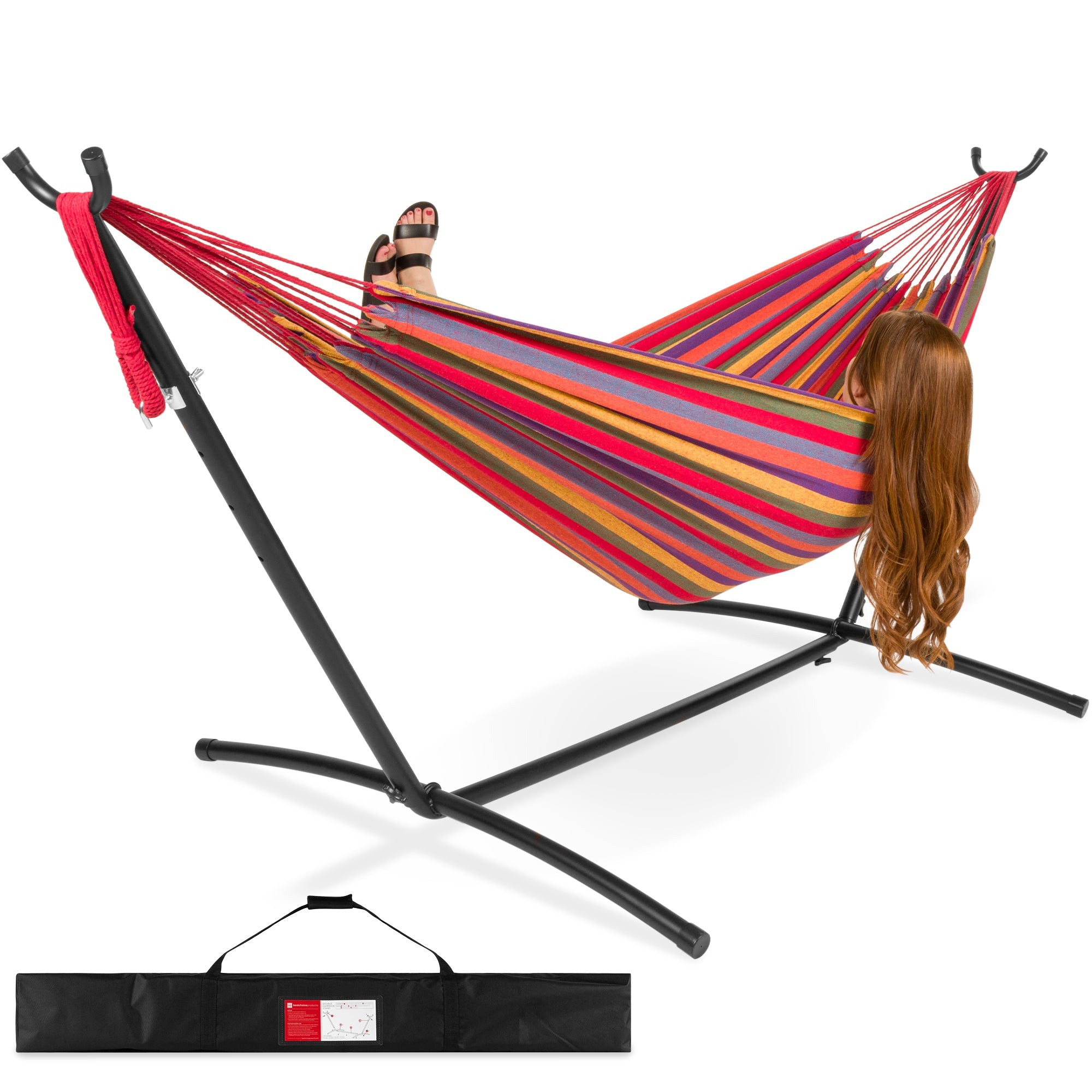 2-Person Brazilian-Style Double Hammock with Carrying Bag and Steel Stand with useful details for patio, backyard, and outdoor living