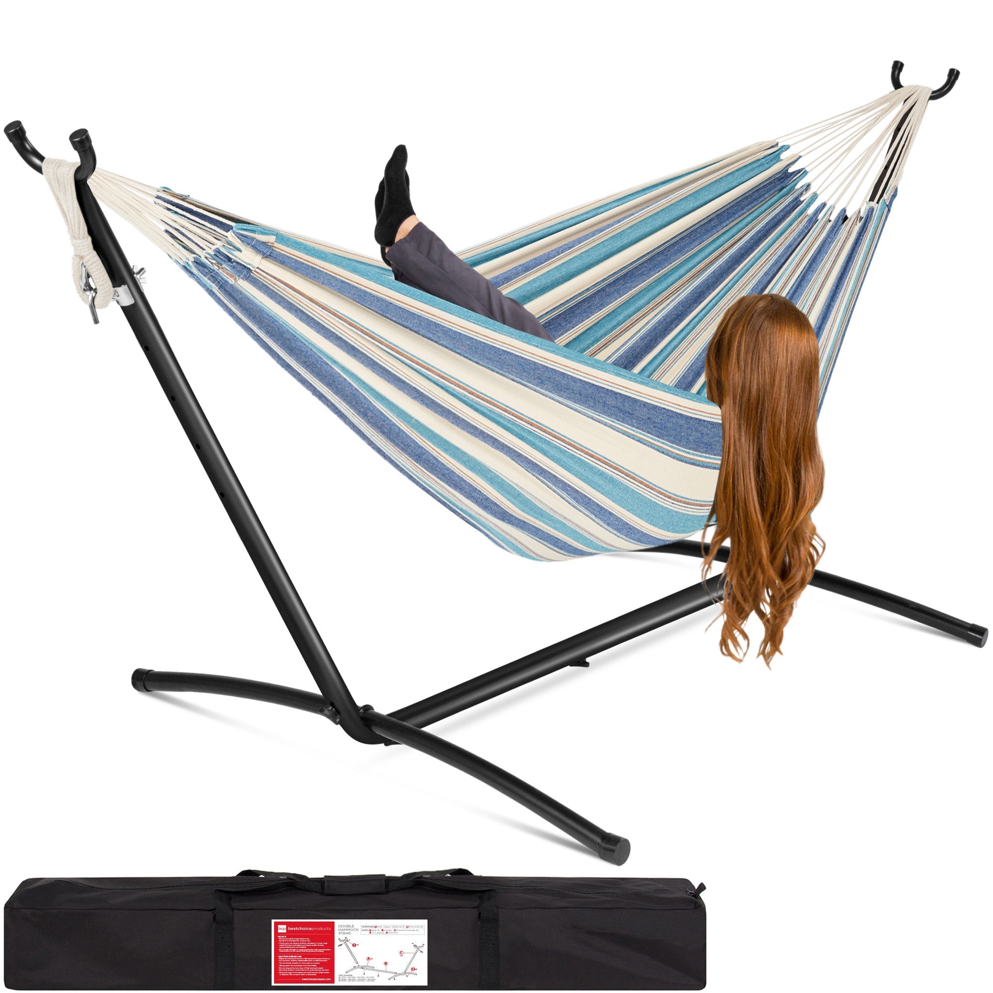 2-Person Brazilian-Style Double Hammock with Carrying Bag and Steel Stand with useful details for patio, backyard, and outdoor living