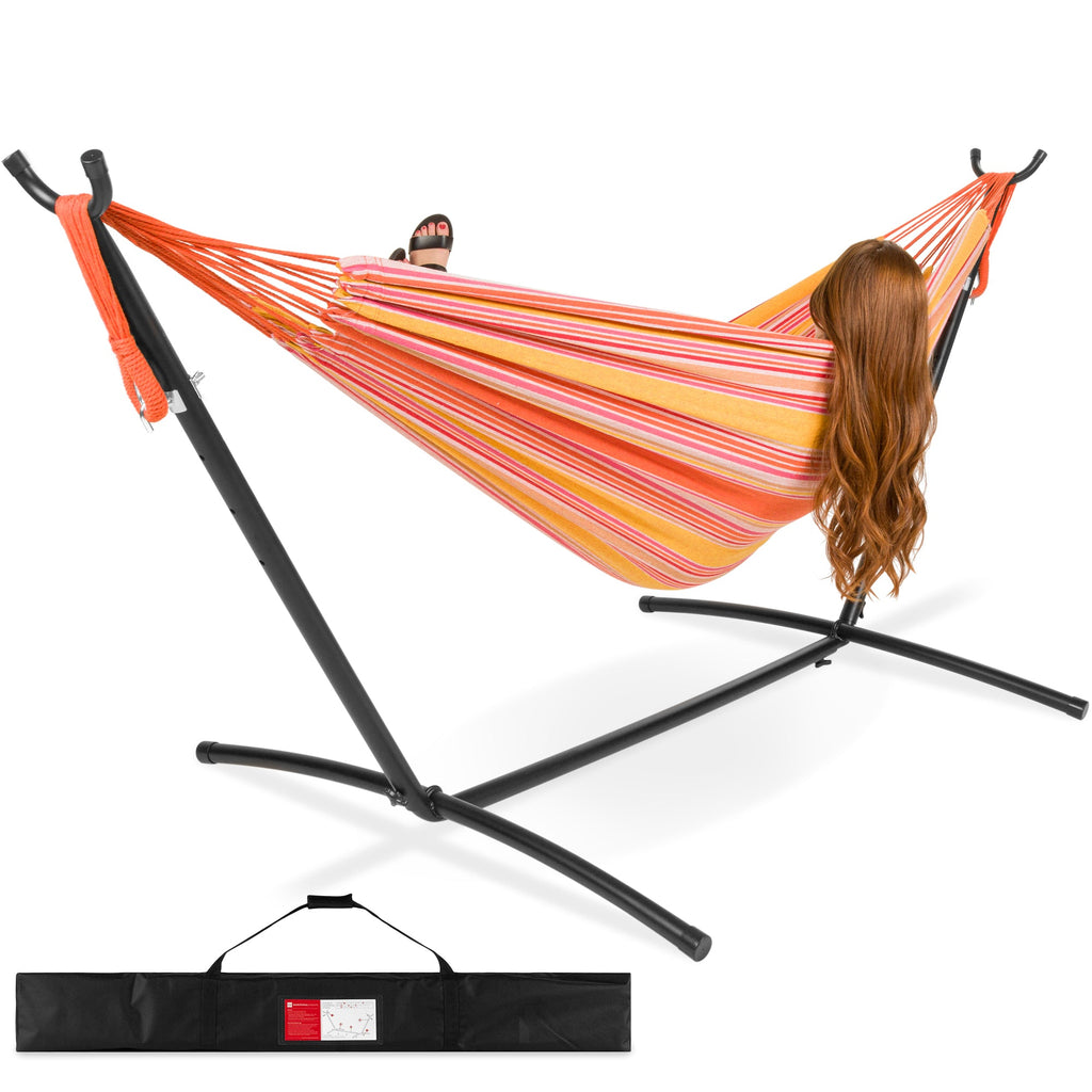 2-Person Brazilian-Style Double Hammock with Carrying Bag and Steel Stand with useful details for patio, backyard, and outdoor living