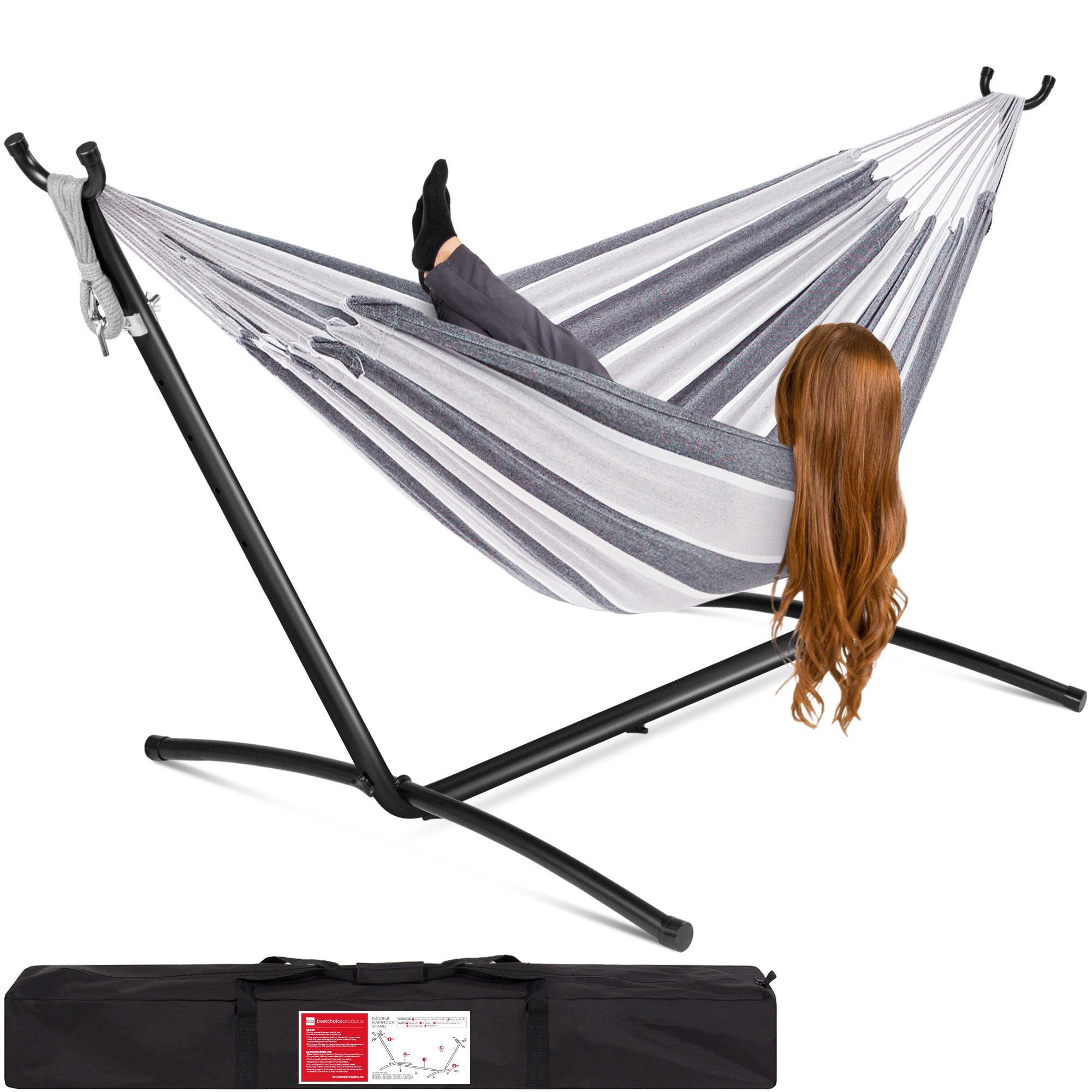 2-Person Brazilian-Style Double Hammock with Carrying Bag and Steel Stand with useful details for patio, backyard, and outdoor living