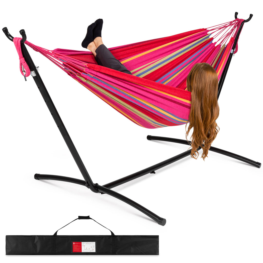 2-Person Brazilian-Style Double Hammock with Carrying Bag and Steel Stand with useful details for patio, backyard, and outdoor living