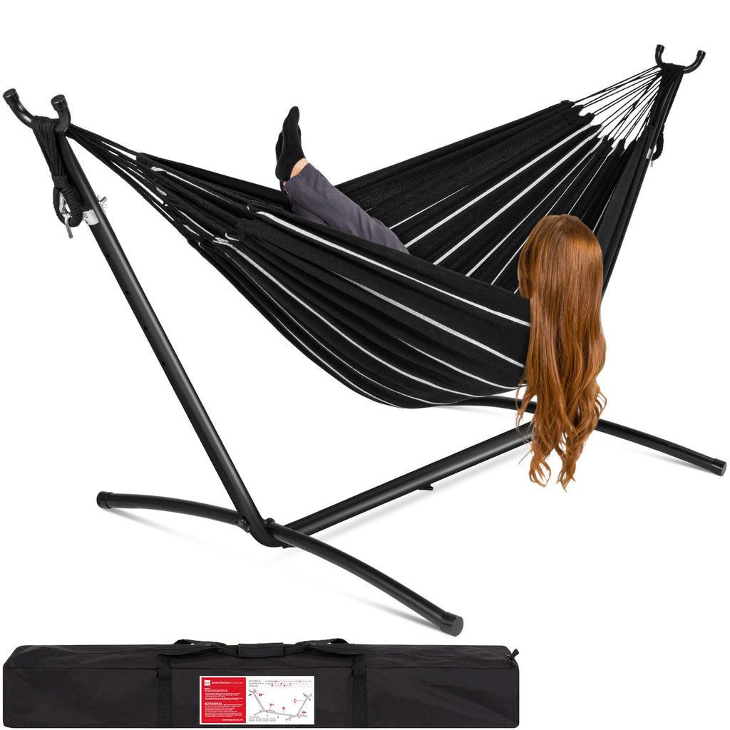 2-Person Brazilian-Style Double Hammock with Carrying Bag and Steel Stand with useful details for patio, backyard, and outdoor living