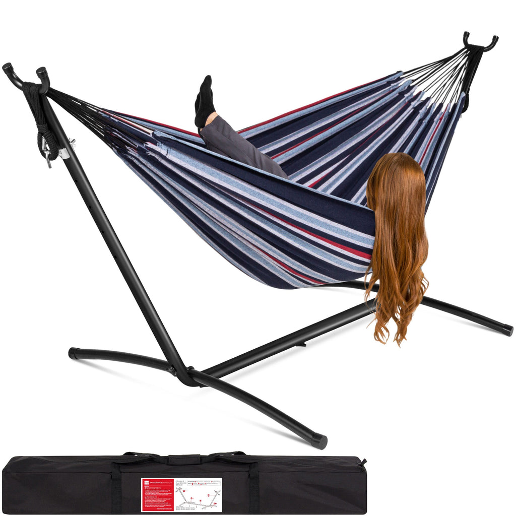 2-Person Brazilian-Style Double Hammock with Carrying Bag and Steel Stand with useful details for patio, backyard, and outdoor living