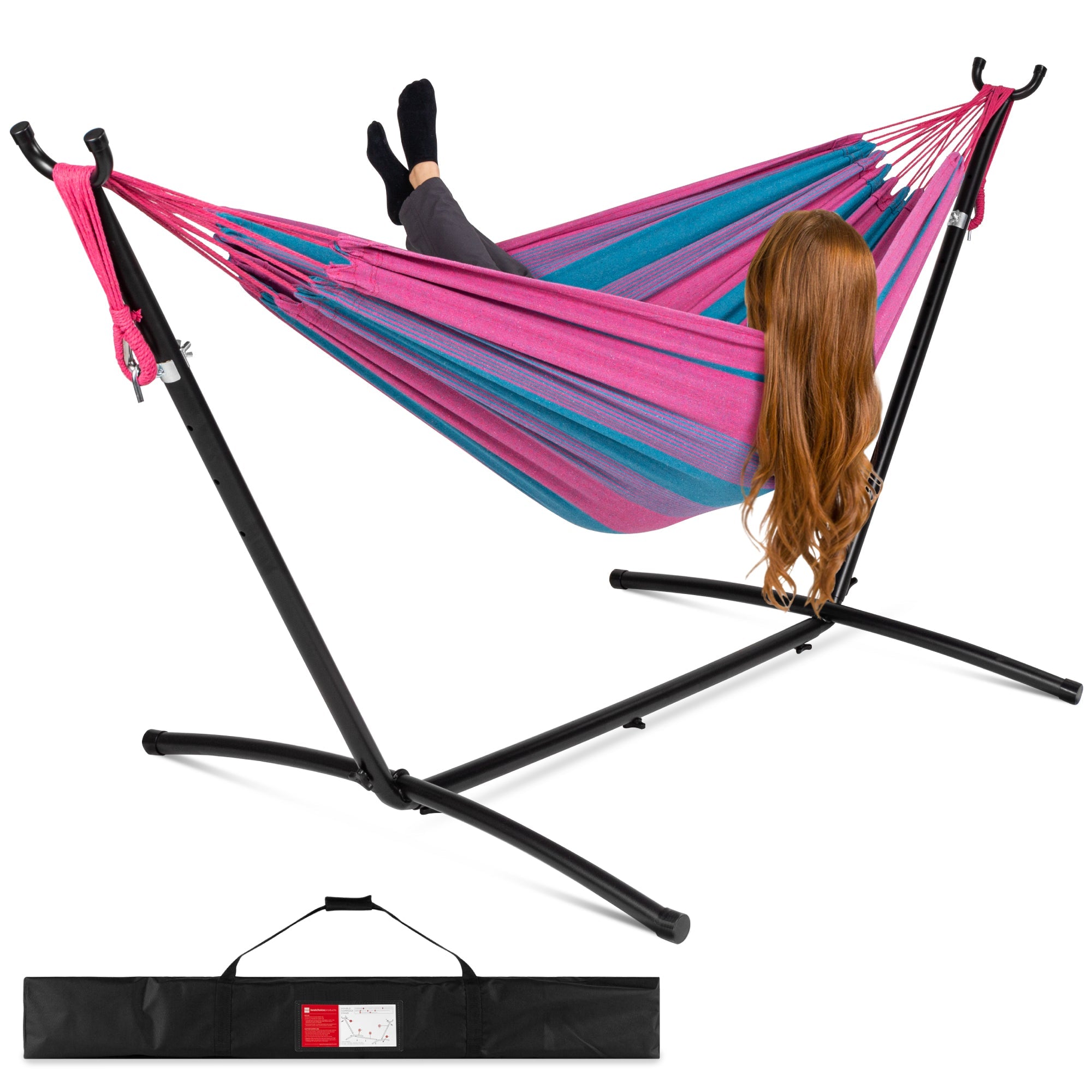 2-Person Brazilian-Style Double Hammock with Carrying Bag and Steel Stand with useful details for patio, backyard, and outdoor living