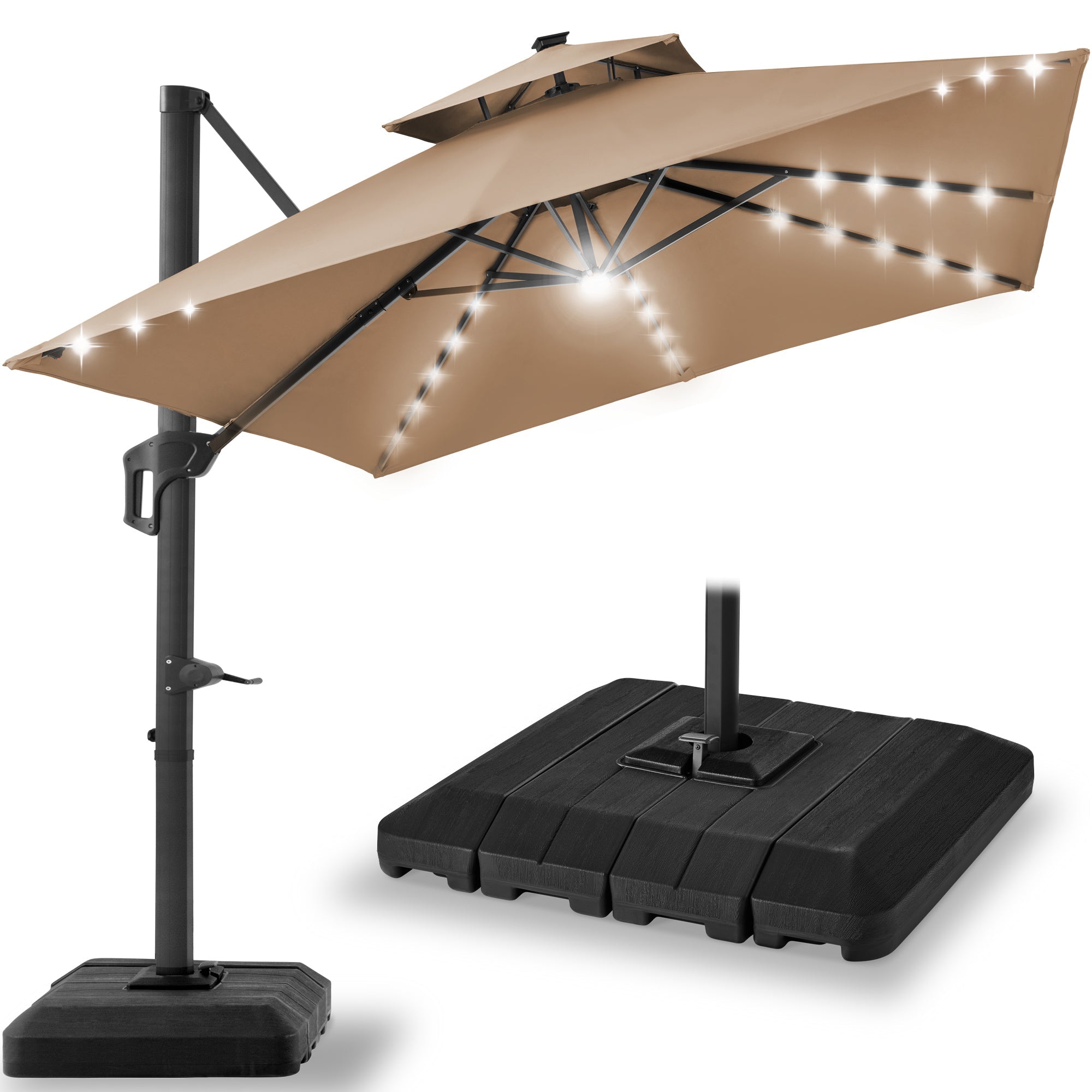 2-Tier Square LED Cantilever Offset Umbrella with 360 Rotation Base - 10x10ft for outdoor comfort and convenience