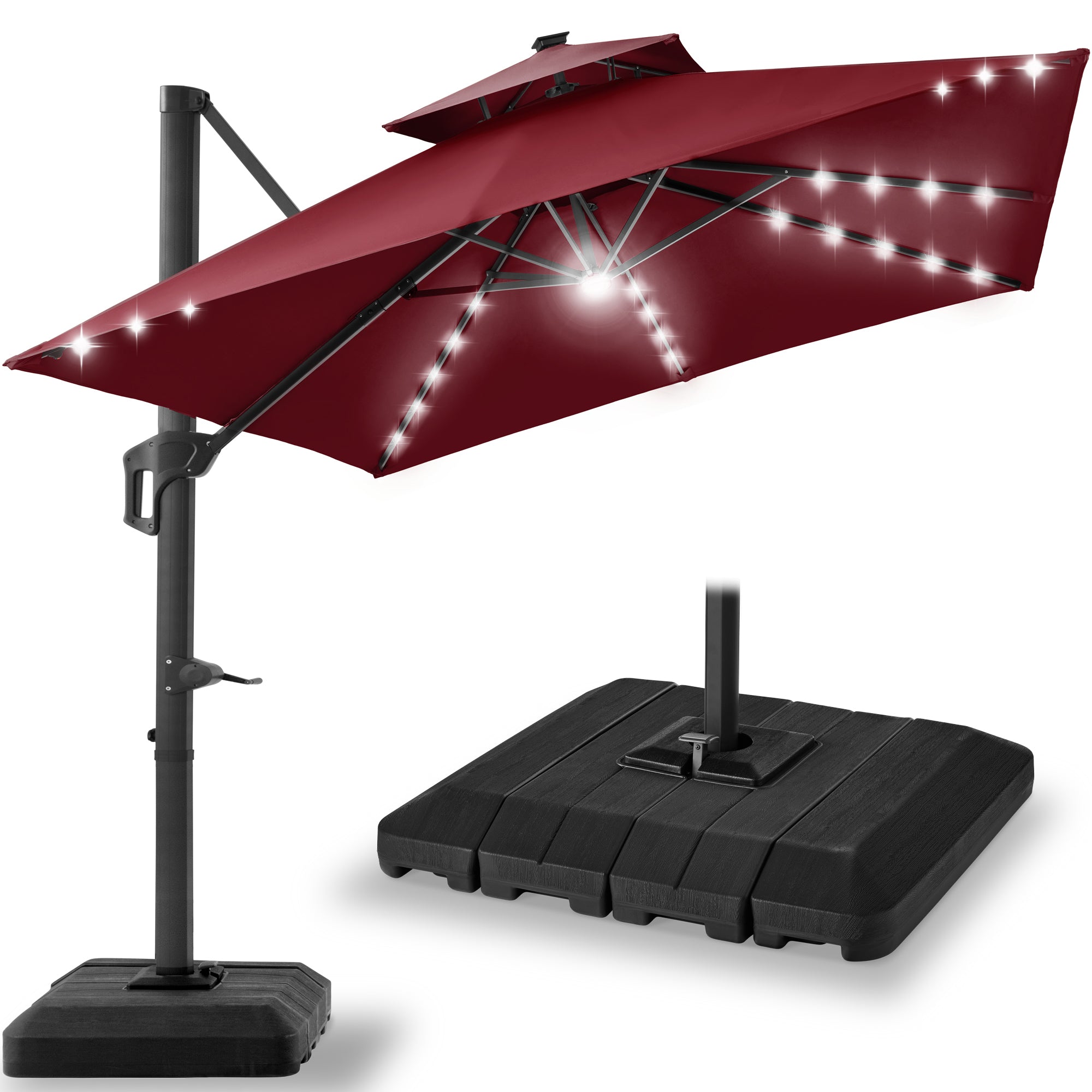2-Tier Square LED Cantilever Offset Umbrella with 360 Rotation Base - 10x10ft for outdoor comfort and convenience