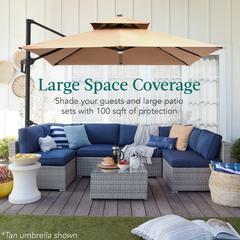 2-Tier Square LED Cantilever Offset Umbrella with 360 Rotation Base - 10x10ft for outdoor comfort and convenience