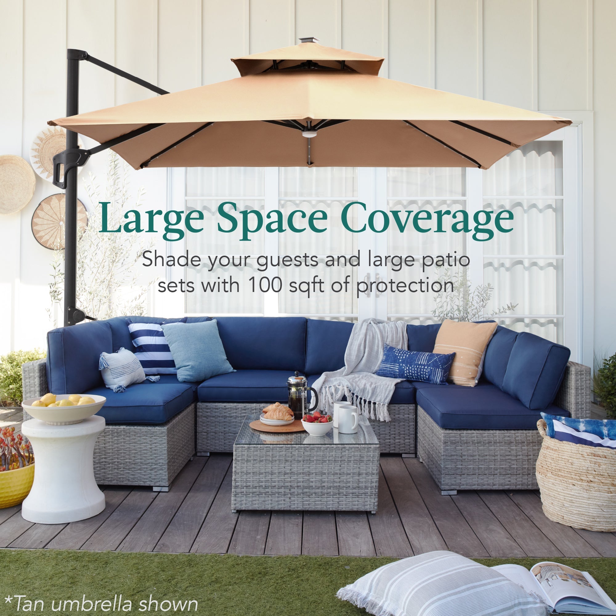 2-Tier Square LED Cantilever Offset Umbrella with 360 Rotation Base - 10x10ft for outdoor comfort and convenience