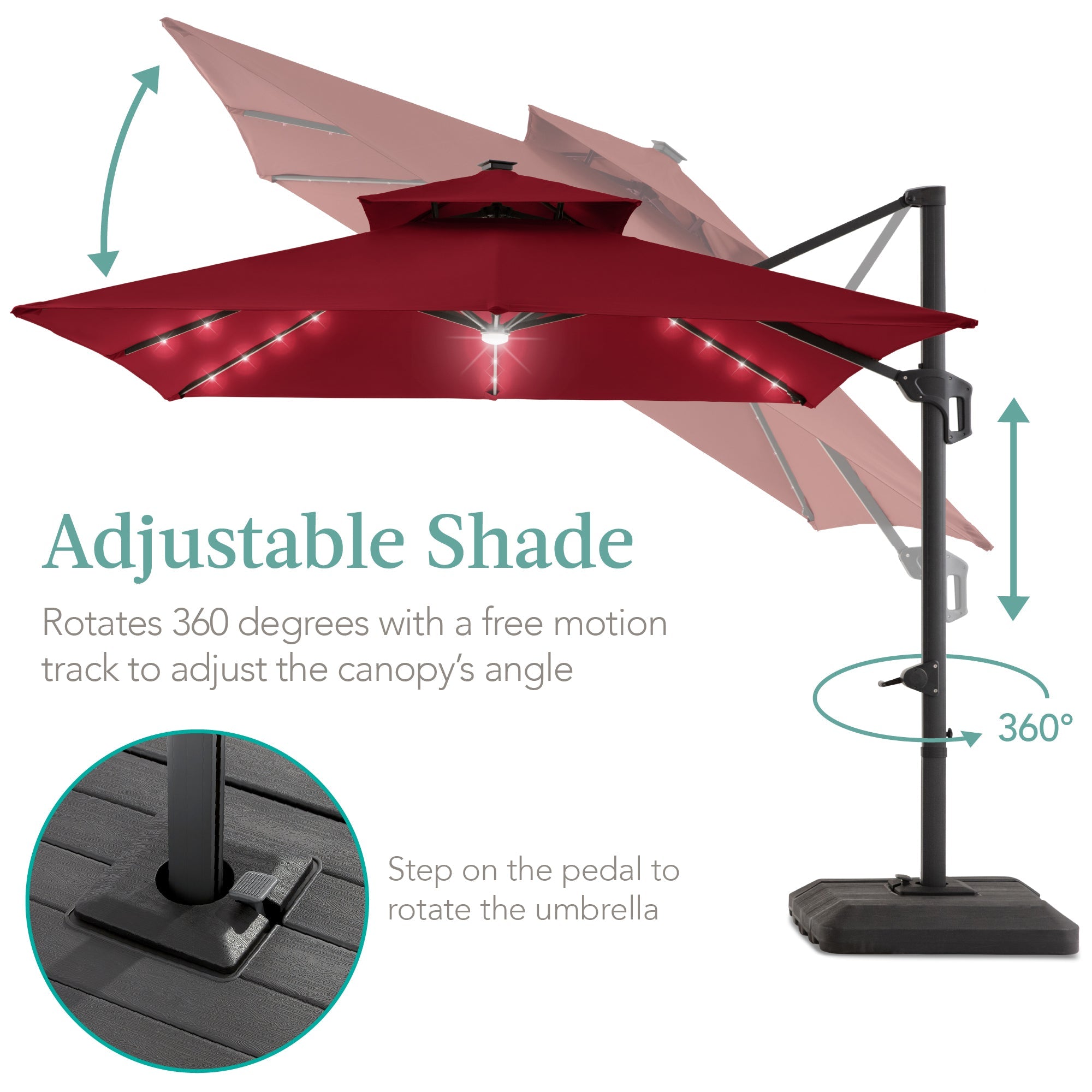 2-Tier Square LED Cantilever Offset Umbrella with 360 Rotation Base - 10x10ft for outdoor comfort and convenience