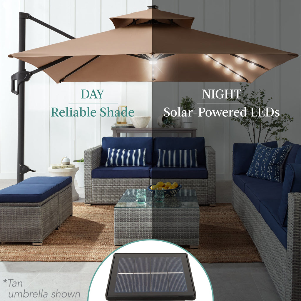 2-Tier Square LED Cantilever Offset Umbrella with 360 Rotation Base - 10x10ft for outdoor comfort and convenience