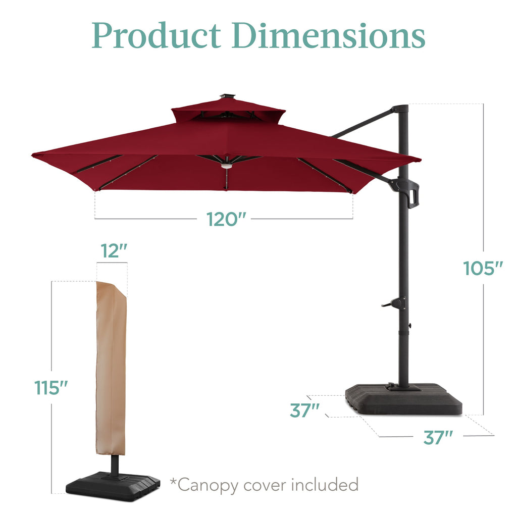 2-Tier Square LED Cantilever Offset Umbrella with 360 Rotation Base - 10x10ft for outdoor comfort and convenience