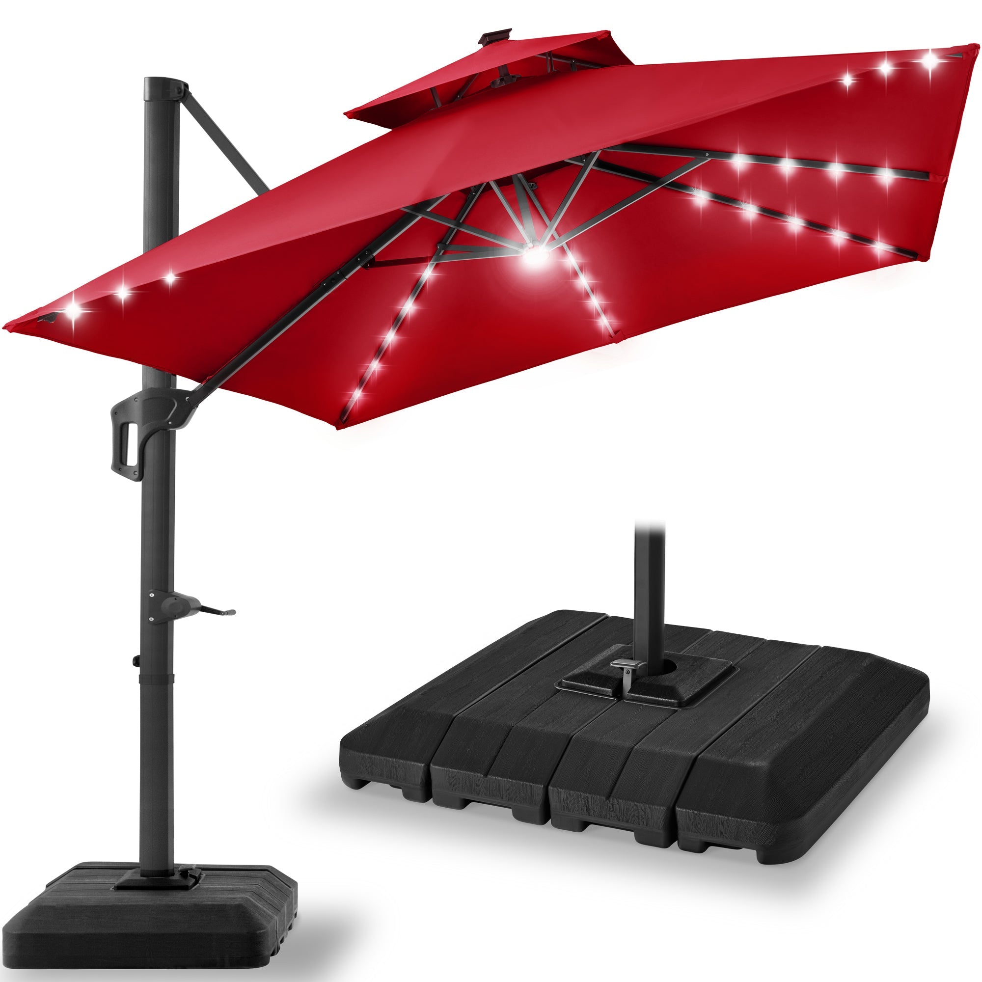 2-Tier Square LED Cantilever Offset Umbrella with 360 Rotation Base - 10x10ft for outdoor comfort and convenience