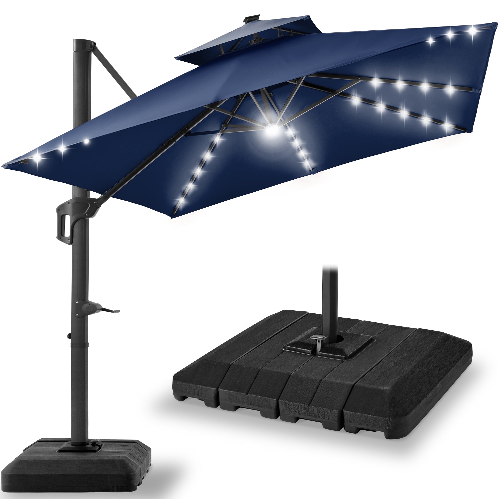 2-Tier Square LED Cantilever Offset Umbrella with 360 Rotation Base - 10x10ft for outdoor comfort and convenience