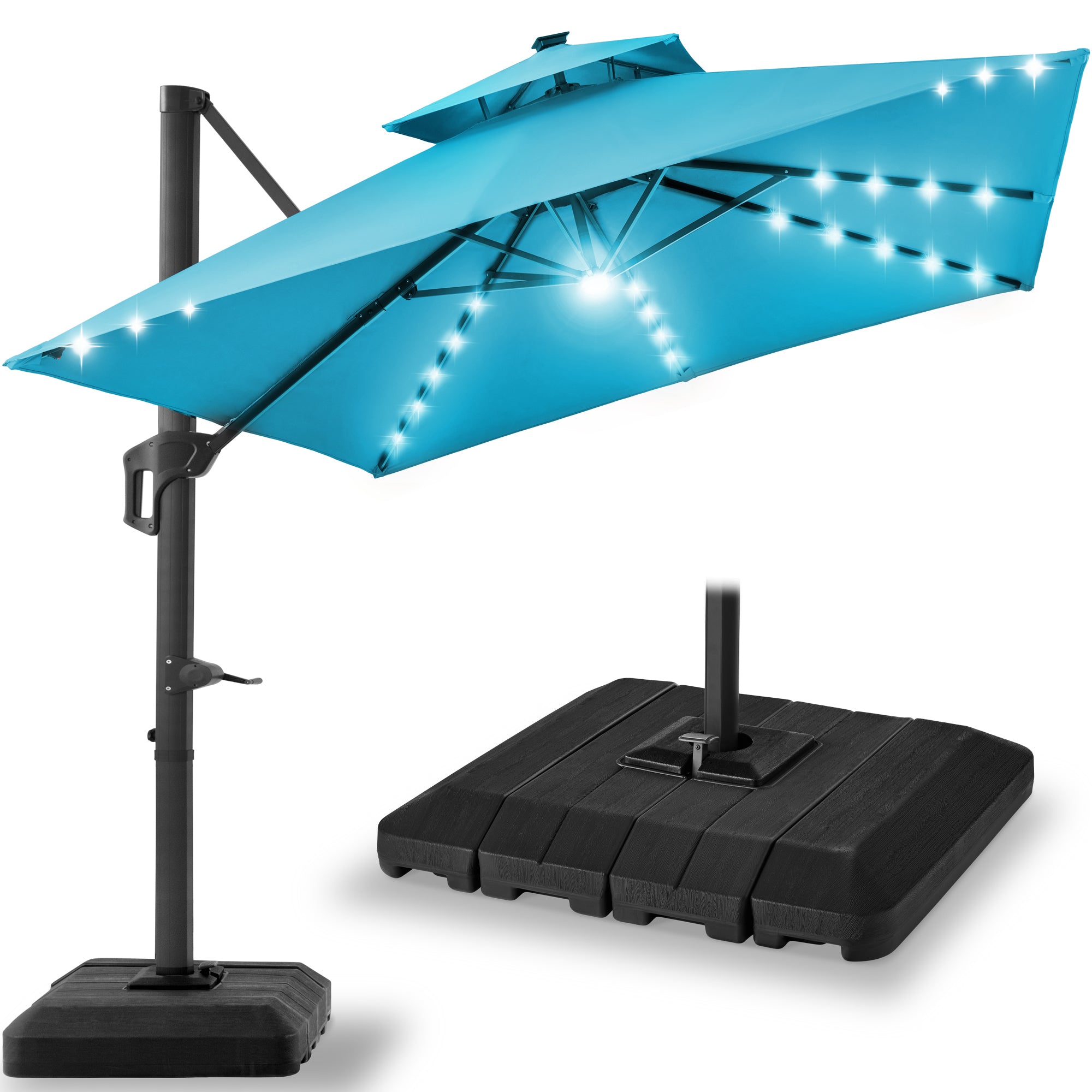 2-Tier Square LED Cantilever Offset Umbrella with 360 Rotation Base - 10x10ft for outdoor comfort and convenience