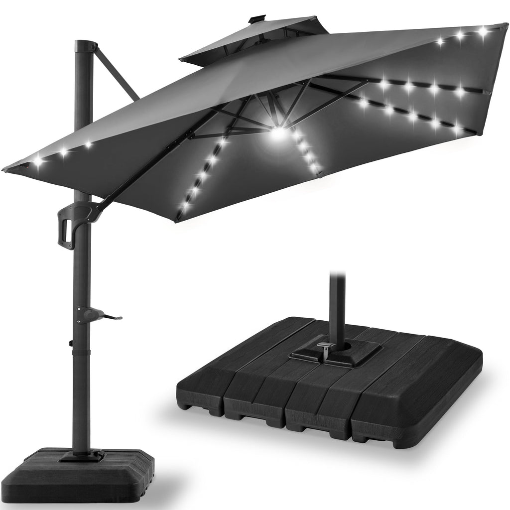 2-Tier Square LED Cantilever Offset Umbrella with 360 Rotation Base - 10x10ft for outdoor comfort and convenience