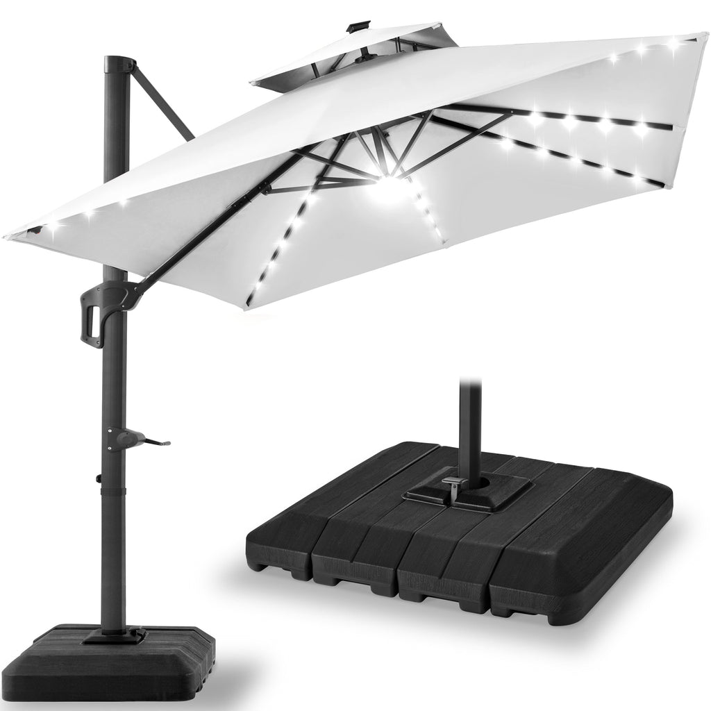 2-Tier Square LED Cantilever Offset Umbrella with 360 Rotation Base - 10x10ft for outdoor comfort and convenience
