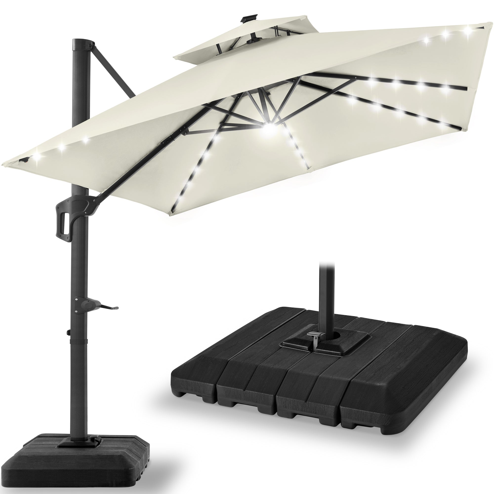 2-Tier Square LED Cantilever Offset Umbrella with 360 Rotation Base - 10x10ft for outdoor comfort and convenience