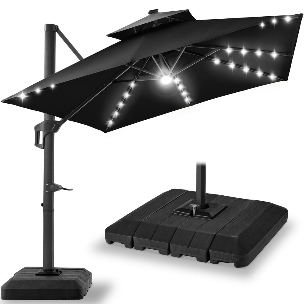 2-Tier Square LED Cantilever Offset Umbrella with 360 Rotation Base - 10x10ft for outdoor comfort and convenience