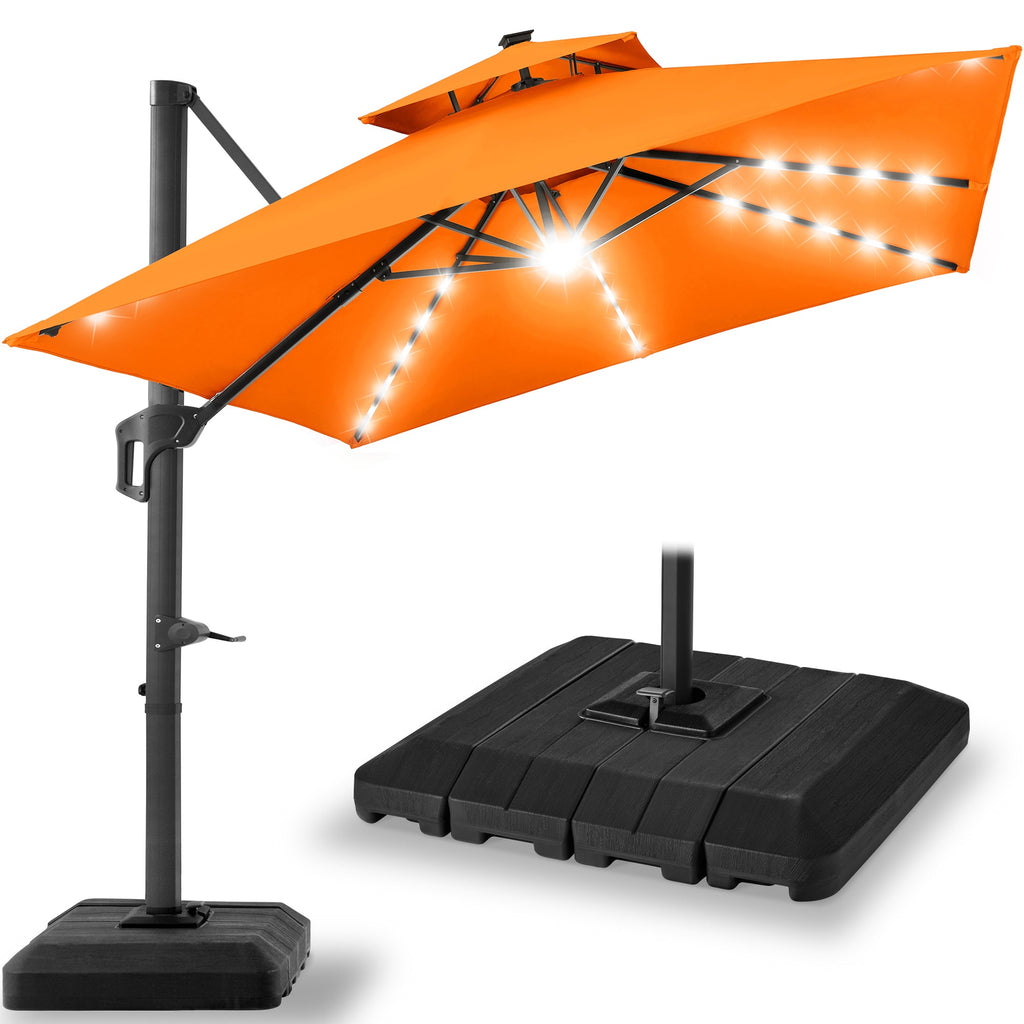 2-Tier Square LED Cantilever Offset Umbrella with 360 Rotation Base - 10x10ft for outdoor comfort and convenience