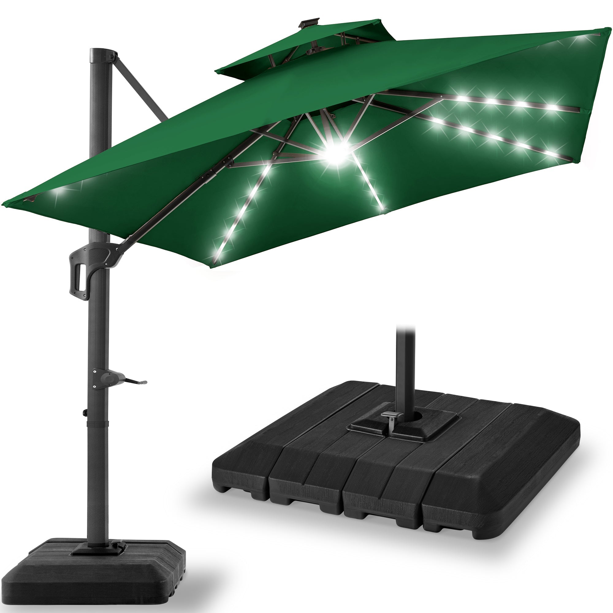 2-Tier Square LED Cantilever Offset Umbrella with 360 Rotation Base - 10x10ft for outdoor comfort and convenience