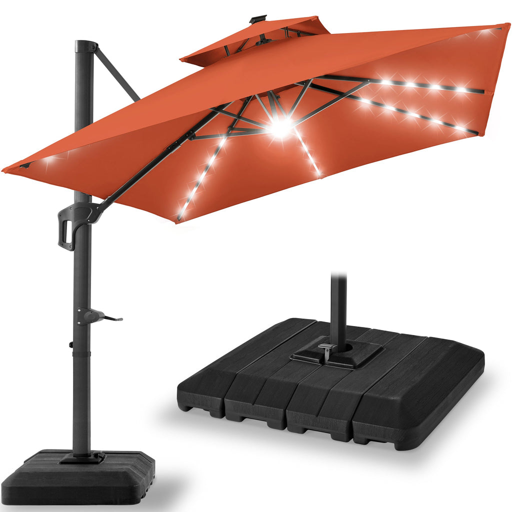 2-Tier Square LED Cantilever Offset Umbrella with 360 Rotation Base - 10x10ft for outdoor comfort and convenience