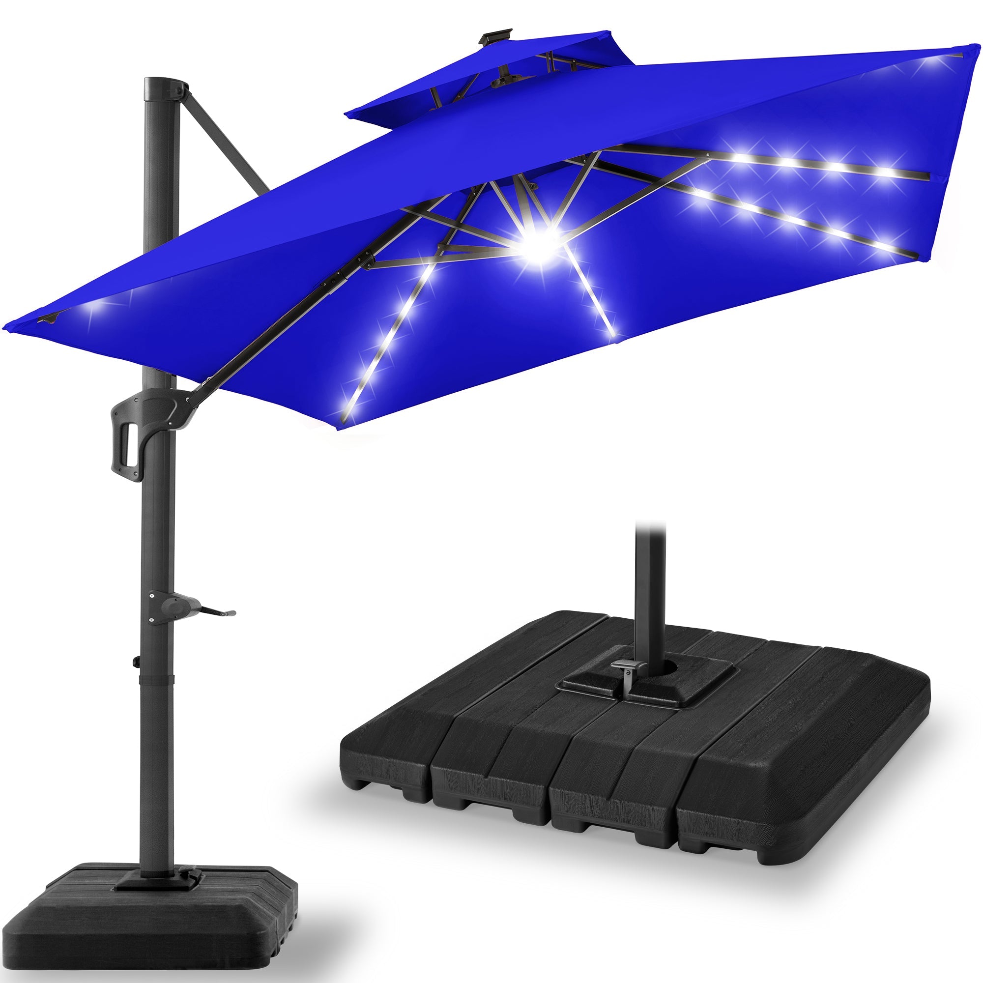 2-Tier Square LED Cantilever Offset Umbrella with 360 Rotation Base - 10x10ft for outdoor comfort and convenience