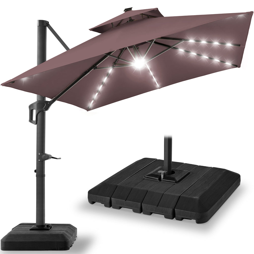 2-Tier Square LED Cantilever Offset Umbrella with 360 Rotation Base - 10x10ft for outdoor comfort and convenience