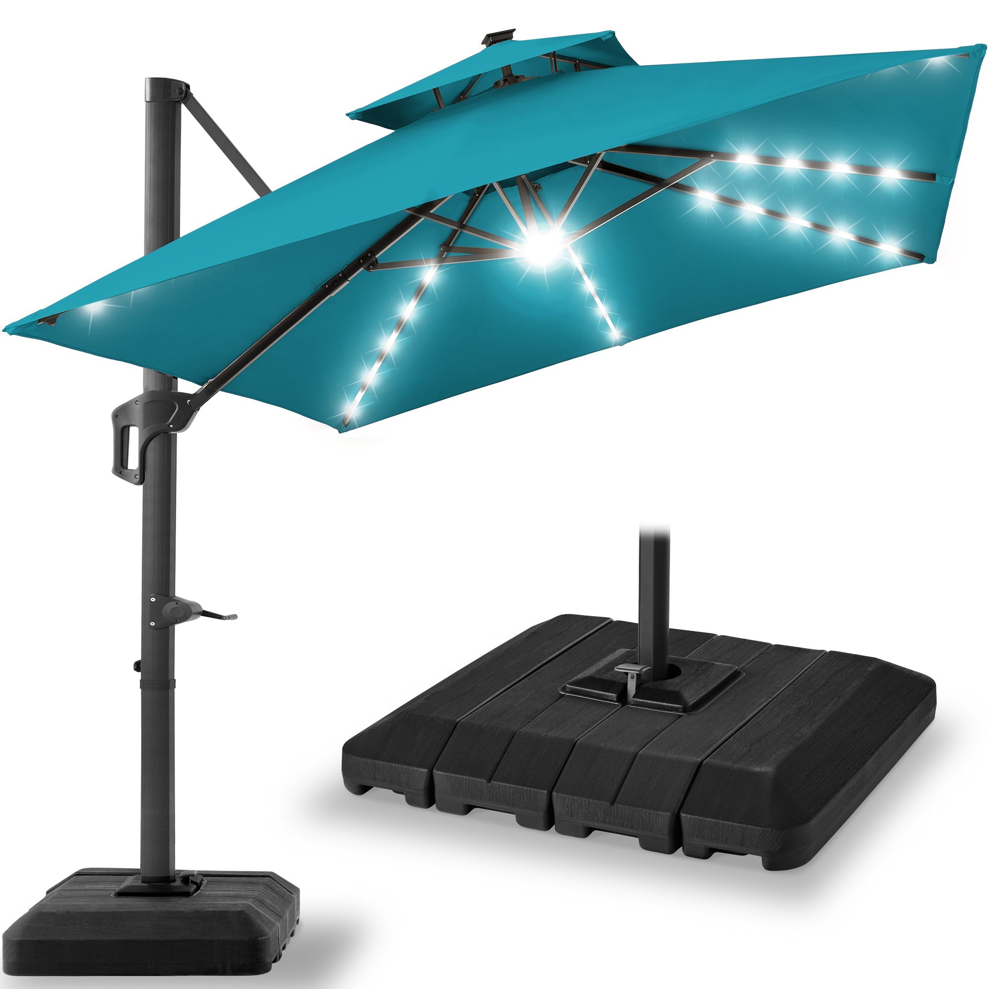 2-Tier Square LED Cantilever Offset Umbrella with 360 Rotation Base - 10x10ft for outdoor comfort and convenience